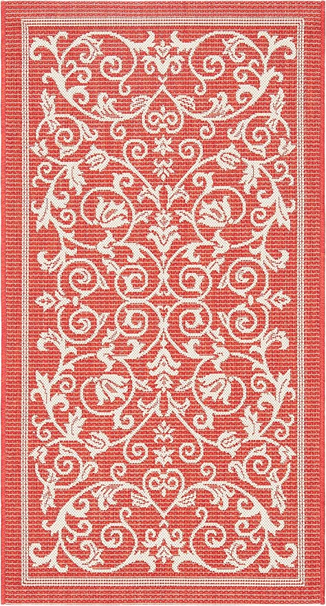 SAFAVIEH Courtyard Collection Accent Rug - 2'7" x 5', Red & Natural, Scroll Design, Non-Shedding & Easy Care, Indoor/Outdoor & Washable-Ideal for Patio, Backyard, Mudroom (CY2098-3707)