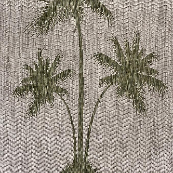 LR Home 8 x 10 Indoor / Outdoor Area Rug for Home Decor | Coastal Palm Tree large size carpet for living room, bedroom, playroom, patio, garden | Modern farmhouse rug | Beige / Dark Green