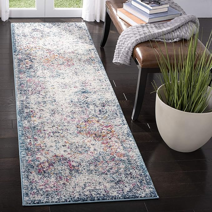 SAFAVIEH Madison Collection Runner Rug - 2'3" x 22', Navy & Teal, Boho Chic Distressed Design, Non-Shedding & Easy Care, Ideal for High Traffic Areas in Living Room, Bedroom (MAD611N)