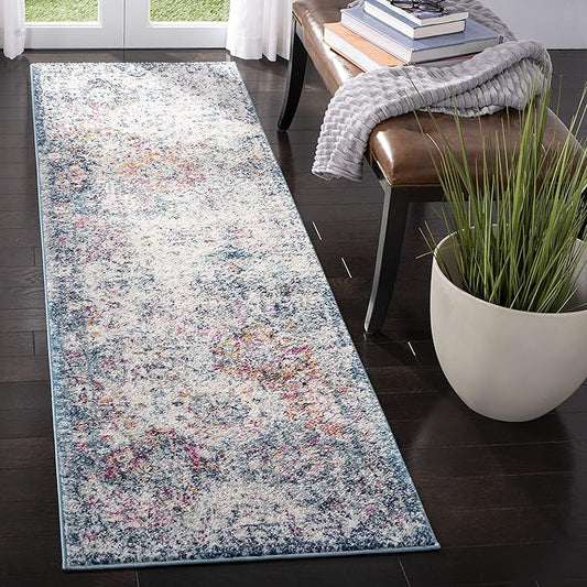 SAFAVIEH Madison Collection Runner Rug - 2'3" x 22', Navy & Teal, Boho Chic Distressed Design, Non-Shedding & Easy Care, Ideal for High Traffic Areas in Living Room, Bedroom (MAD611N)
