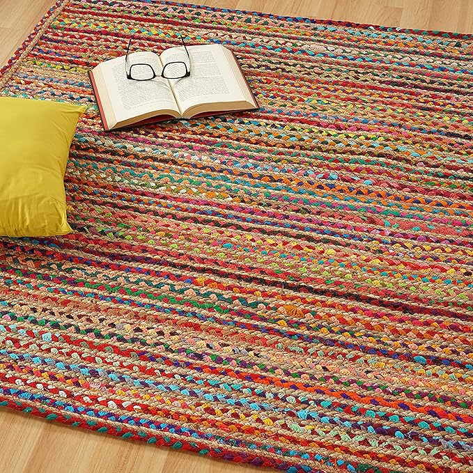GRUHUM 8x10ft Jute Area Rug Natural Fibre Handmade Boho Farmhouse Soft Braided Chindi Rustic Vintage Rug for Indoor Kitchen Bedroom Living Room Hallways Enterways 8x10 feet Multicolor