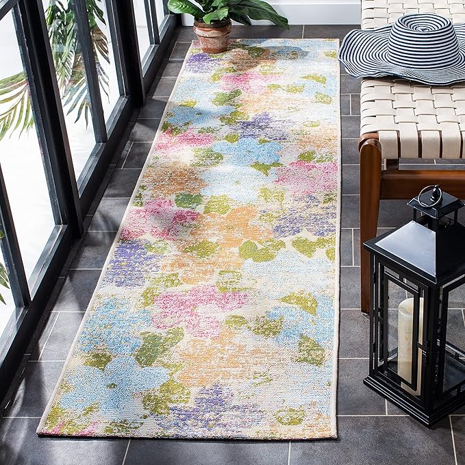 SAFAVIEH Summer Collection 2' x 8' Blue/Pink SMR410M Boho Indoor/ Outdoor Non-Shedding Easy-Cleaning Patio Backyard Porch Deck Mudroom Runner-Rug