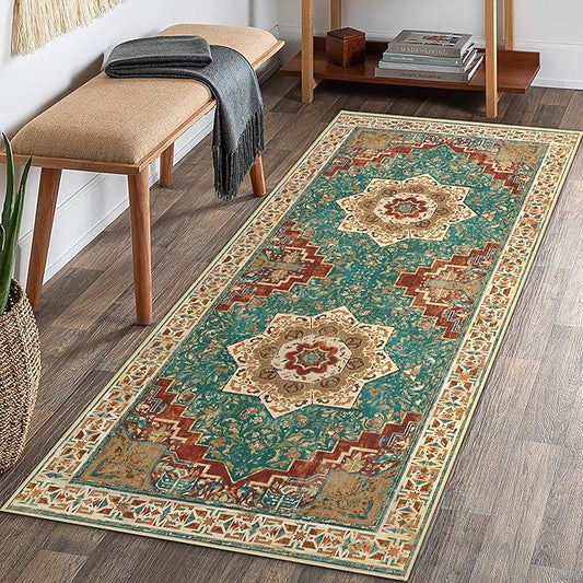 Washable Runner Rug 2x6 Boho Hallway Rug Non Slip Kitchen Runner Rug Soft Teal Rust Vintage Rug for Entryway Oriental Distressed Low-Pile Floor Carpet for Laundry Indoor Entrance Bathroom