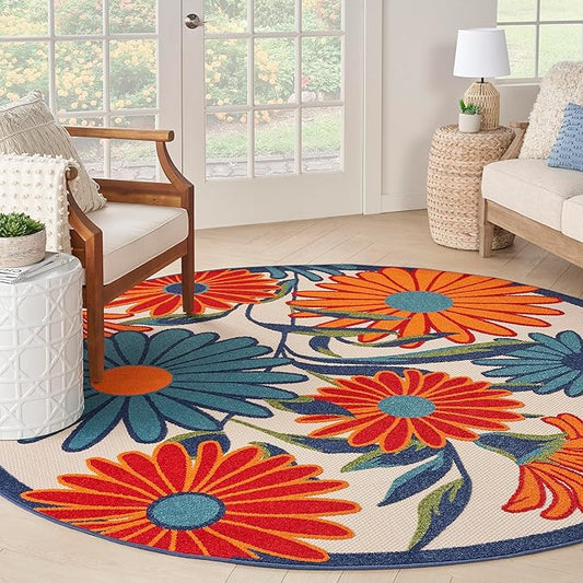 Nourison Aloha Outdoor Multicolor 5'3" x Round Area Rug, Easy Cleaning, Non Shedding, Bed Room, Living Room, Dining Room, Deck, Backyard, Patio (5 Round)