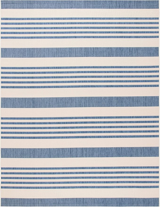 SAFAVIEH Courtyard Collection 6'7" x 9'6" Beige/Blue CY6062 Stripe Indoor/ Outdoor Waterproof Easy Cleaning Patio Backyard Area Rug