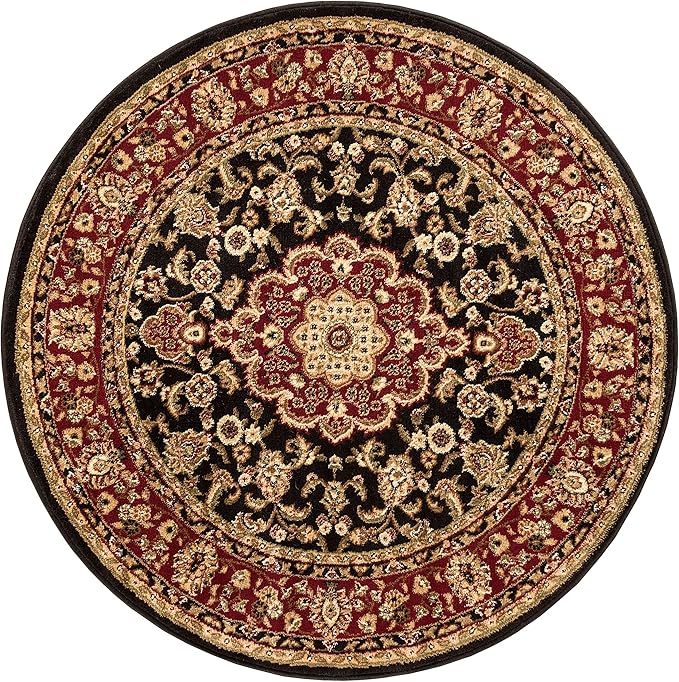 Well Woven Barclay Collection Medallion Kashan Black 8 ft Round Rug - for Living Room, Bedroom, and Dining Room