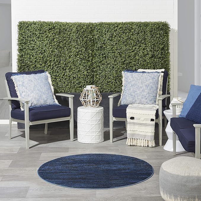 Nourison Essentials Indoor/Outdoor Midnight Blue 4' x Round Area Rug, Easy Cleaning, Non Shedding, Bed Room, Living Room, Dining Room, Backyard, Deck, Patio (4 Round)