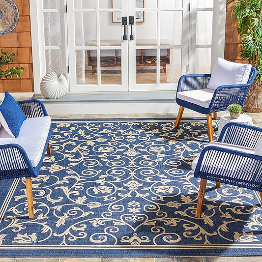 SAFAVIEH Courtyard Collection Area Rug - 9' x 12', Navy & Beige, Scroll Design, Non-Shedding & Easy Care, Indoor/Outdoor & Washable-Ideal for Patio, Backyard, Mudroom (CY2098-268)