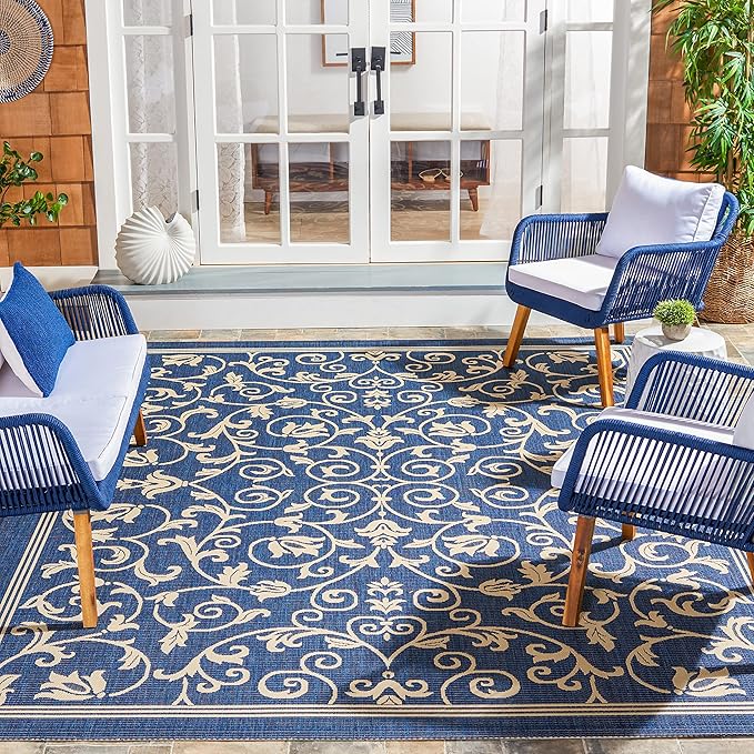 SAFAVIEH Courtyard Collection 8' x 11' Navy/Beige CY2098 Scroll Indoor/ Outdoor Waterproof Easy-Cleaning Patio Backyard Mudroom Area-Rug