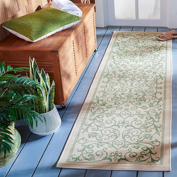 SAFAVIEH Courtyard Collection Runner Rug - 2'3" x 8', Natural & Olive, Scroll Design, Non-Shedding & Easy Care, Indoor/Outdoor & Washable-Ideal for Patio, Backyard, Mudroom (CY2098-1E01)