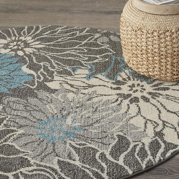 Nourison Passion Charcoal/Blue 4' x Round Area Rug, Floral, Farmhouse, Easy Cleaning, Non Shedding, Bed Room, Living Room, Dining Room, Kitchen, (4' Round)