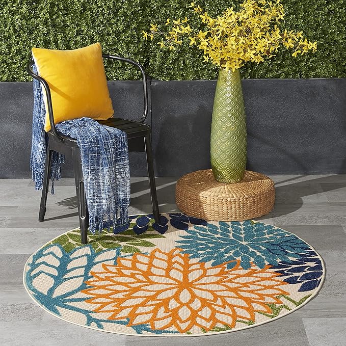 Nourison Aloha Indoor/Outdoor Multicolor 4' x Round Area Rug, Tropical, Botanical, Easy Cleaning, Non Shedding, Bed Room, Living Room, Dining Room, Deck, Backyard, Patio (4 Round)