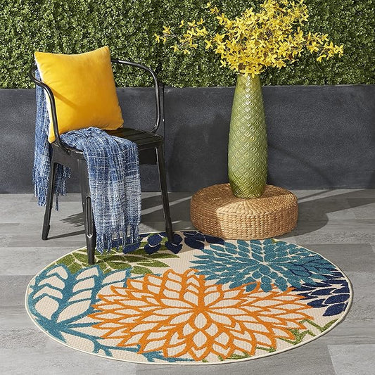 Nourison Aloha Indoor/Outdoor Multicolor 4' x Round Area Rug, Tropical, Botanical, Easy Cleaning, Non Shedding, Bed Room, Living Room, Dining Room, Deck, Backyard, Patio (4 Round)