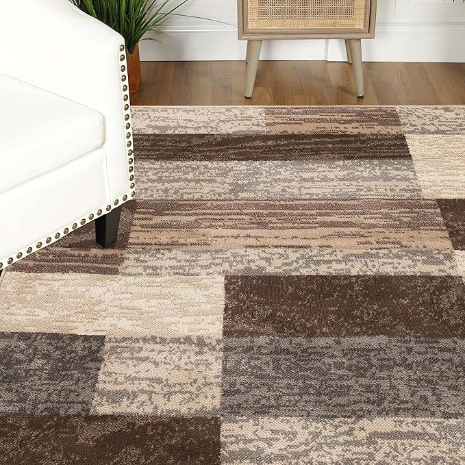 SUPERIOR Indoor Area Rug, Jute Backed, Modern Geometric Patchwork Floor Decor for Bedroom, Office, Living Room, Entryway, Hardwood Floors, Rockwood Collection, 8' x 8' Square, Slate