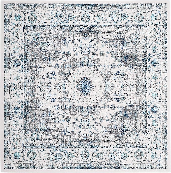 SAFAVIEH Evoke Collection Area Rug - 6'7" Square, Ivory & Grey, Shabby Chic Oriental Medallion Design, Non-Shedding & Easy Care, Ideal for High Traffic Areas in Living Room, Bedroom (EVK220D)