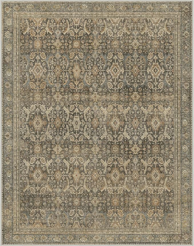 8X10 Area Rugs Machine Washable Rugs for Living Room, Vintage Boho Large Rugs for Bedroom Dining Room, Non Slip Indoor Soft Distressed Lightweight Thin Low Pile Carpet, Brown