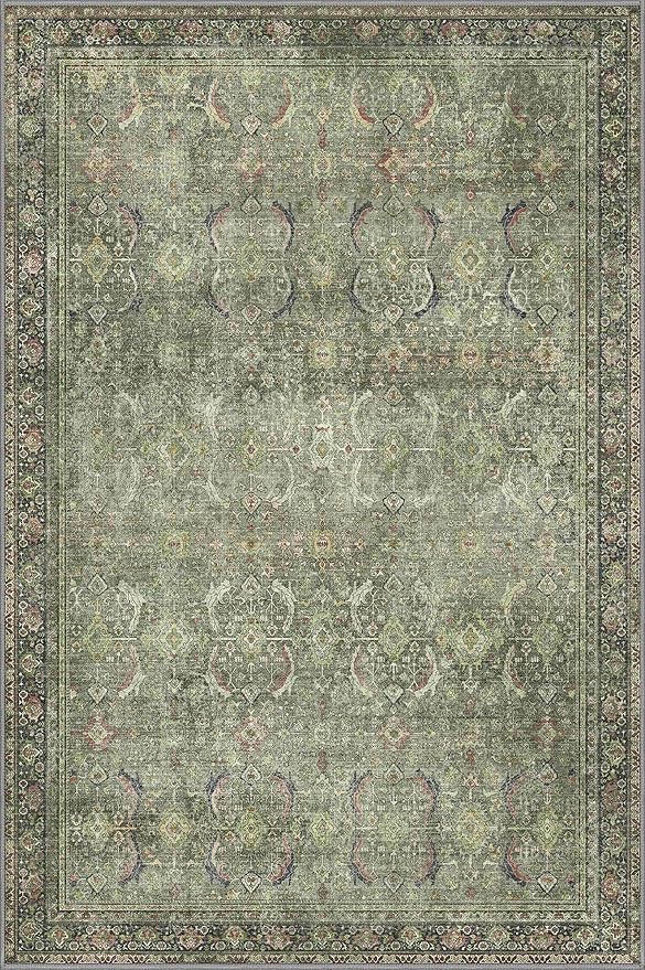 6X9 Area Rugs Machine Washable Rugs for Living Room, Vintage Boho Large Rugs for Bedroom Dining Room, Non Slip Indoor Soft Distressed Lightweight Thin Low Pile Carpet, Green