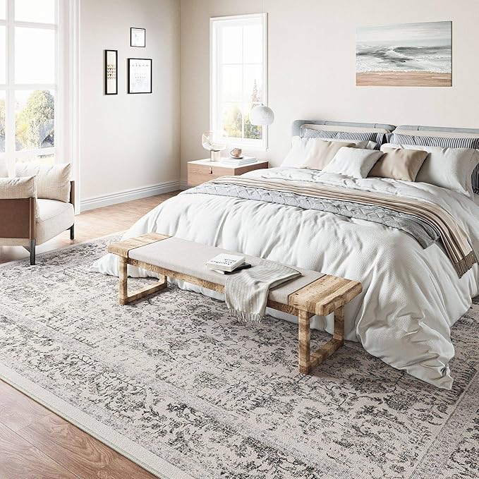 Black Area Rug 9x12 Machine Washable Large Vintage Living Room Distressed Non Slip Carpet Traditional Indoor Bedroom Retro Floral Accent Throw Rug for Office Kitchen Dining Room
