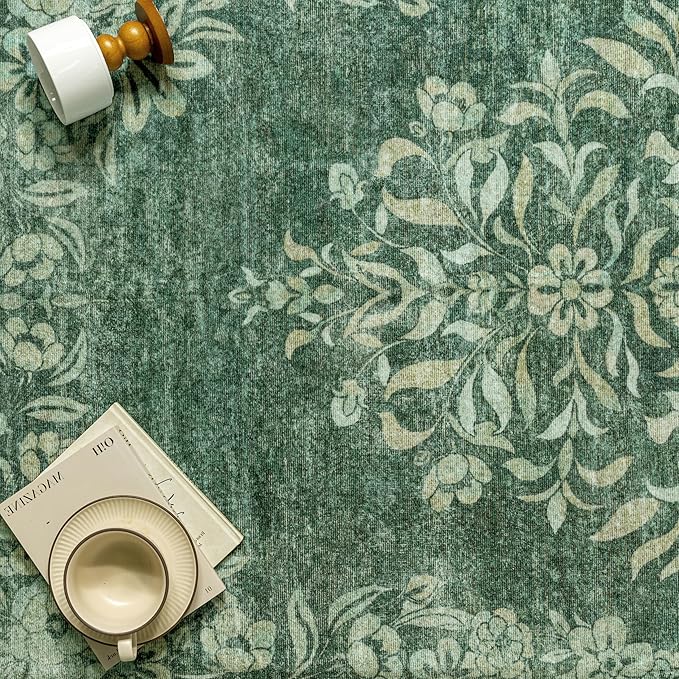 2x3 Area Rug Green Washable Entryway Door Mat Indoor Vintage Medallion Floral Carpet Kitchen Bathroom Distressed Entrance Retro Small Non Slip Accent Throw Bedroom Office Dining Living Room