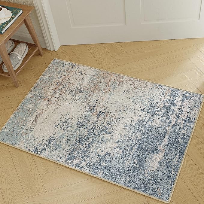 2x3 Entryway Rugs Dark Blue Machine Washable Area Rug Entrance Door Mat Indoor Accent Rug Abstract Non Slip Low Pile Carpet Distressed Throw Rug for Kitchen Bedroom Office