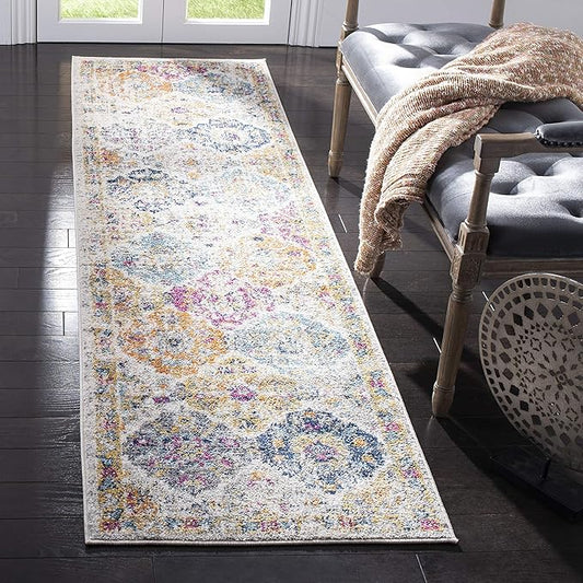 SAFAVIEH Madison Collection Runner Rug - 2'3" x 8', Cream & Multi, Boho Chic Distressed Design, Non-Shedding & Easy Care, Ideal for High Traffic Areas in Living Room, Bedroom (MAD611B)