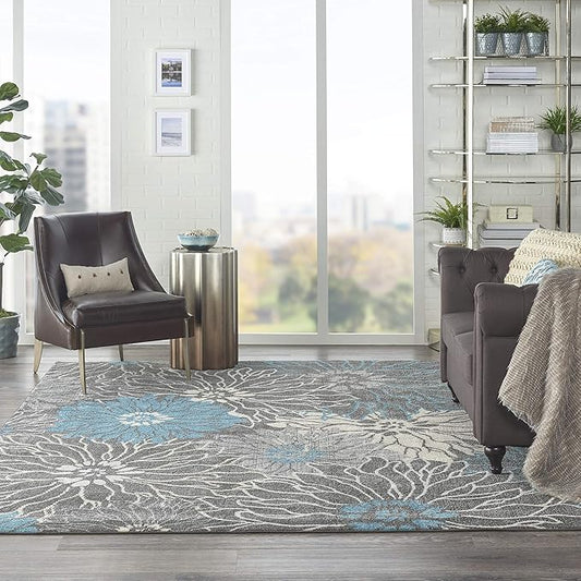 Nourison Passion Charcoal/Blue 6'7" x 9'6" Area Rug, Floral, Farmhouse, Easy Cleaning, Non Shedding, Bed Room, Living Room, Dining Room, Kitchen, (7' x 10')