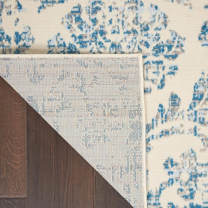 Nourison Jubilant Damask Ivory/Blue 5'3" x 7'3" Area -rug, Easy -cleaning, Non Shedding, Bed Room, Living Room, Dining Room, Kitchen (5x7)