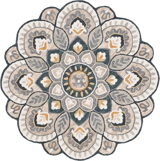SAFAVIEH Novelty Collection Area Rug - 6' Round, Beige & Navy, Handmade Wool, Flower Design, Ideal for High Traffic Areas in Living Room, Bedroom, Dining (NOV604B-6R)