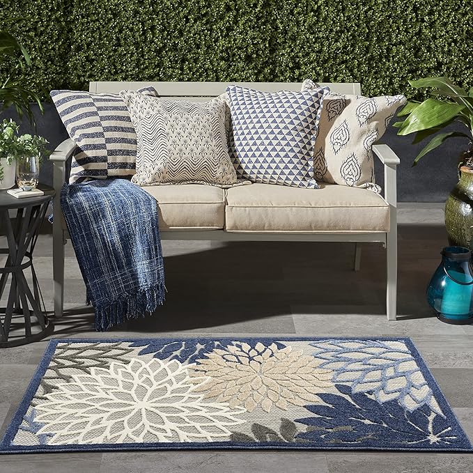 Nourison Aloha Indoor/Outdoor Blue/Multicolor 3' x 5' Area Rug, Tropical, Botanical, Easy Cleaning, Non Shedding, Bed Room, Living Room, Dining Room, Deck, Backyard, Patio (3x5)