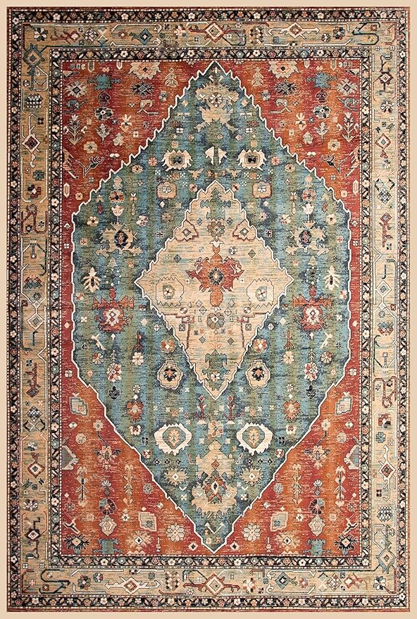 Yancorp 4'x6' Boho Area Rug for Bedroom Non Slip Washable Rug Vintage Carpet Living Room Non-Shedding Hallway Runner Rug Indoor Floor Mats Bedroom Kitchen Entryway Rugs-Rectangle Red