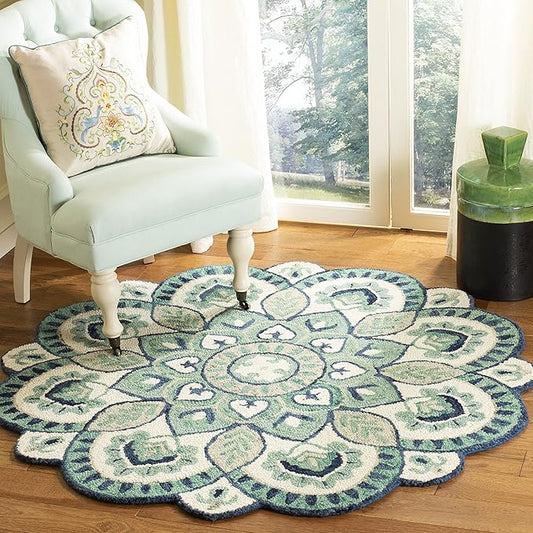 SAFAVIEH Novelty Collection Area Rug - 5' Round, Ivory & Blue, Handmade Boho Floral Rustic Country Wool, Ideal for High Traffic Areas in Living Room, Bedroom (NOV604M)
