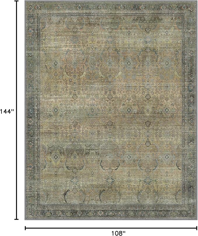 9X12 Area Rugs Machine Washable Rugs for Living Room, Vintage Boho Large Rugs for Bedroom Dining Room, Non Slip Indoor Soft Distressed Lightweight Thin Low Pile Carpet, Vintage Sunset