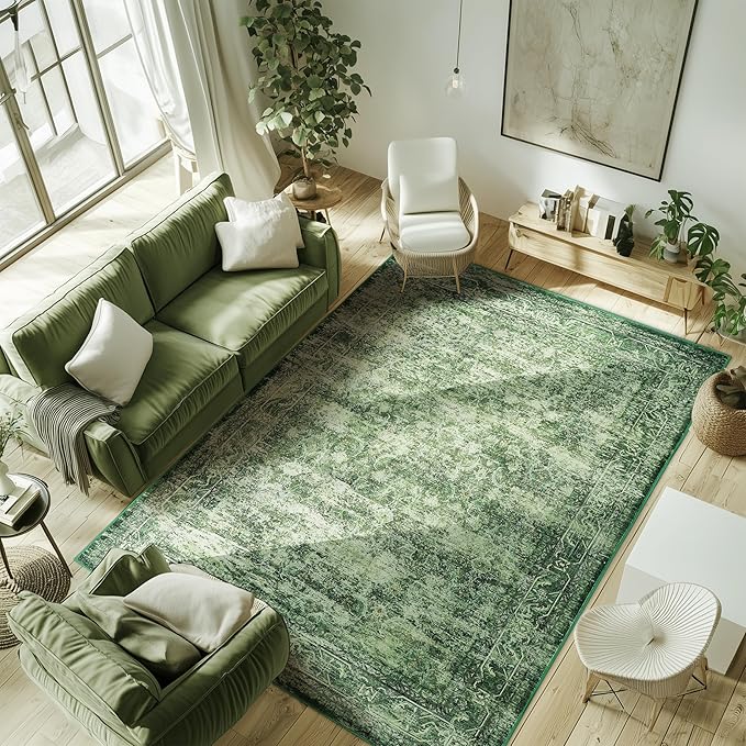 6x9 ft Washable Area Rug, Non-Slip, Boho Green Rug for Living Room, Bedroom, Patio & Outdoor Use - Stylish, Durable, and Comfortable Area Rugs
