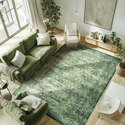6x9 ft Washable Area Rug, Non-Slip, Boho Green Rug for Living Room, Bedroom, Patio & Outdoor Use - Stylish, Durable, and Comfortable Area Rugs