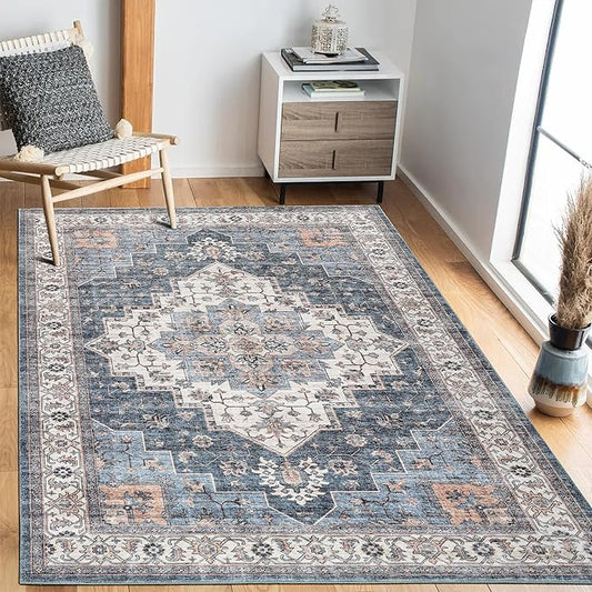 Vintage Area Rug, 4x6 Washable Rugs for Living Room Bedroom Entryway Indoor Door mat, Distressed Boho Country Accent, Thin Low-Pile Floor Carpet for Kids Pet (Navy/Brown)