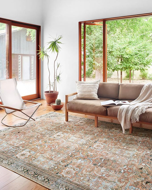 Loloi II Wynter Collection WYN-02 Auburn/Multi 7'-6" x 9'-6", .13" Thick, Area Rug, Soft, Durable, Printed, Vintage Inspired, Low Pile, Non-Shedding, Easy Clean, Living Room Rug