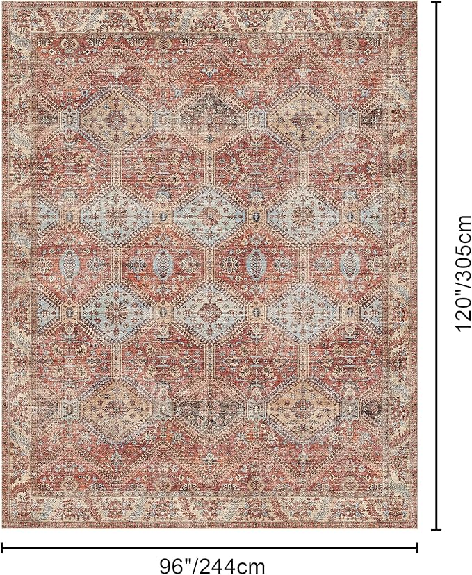 Bavni 8x10 Area Rugs for Living Room, Machine Washable Rug Non Slip, Vintage Chenille Distressed Print Carpet, Large Low Pile Ultra-Thin Lightweight Rugs for Bedroom, Dining Room, Office, Spice Sky