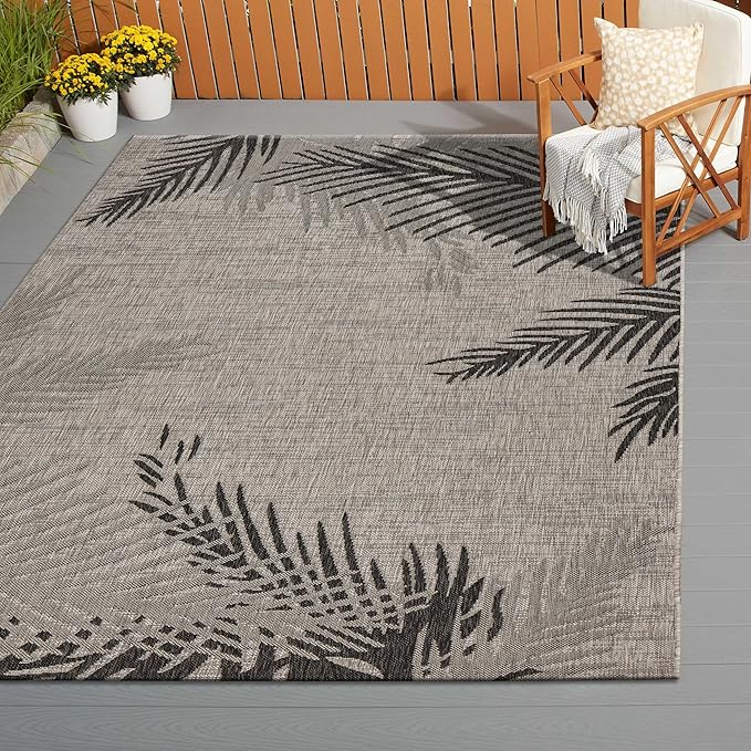 LR Home 3 x 5 Indoor/Outdoor Area Rug for Home Decor | Floral Carpet Suitable for Living Room, Bedroom, Playroom, Patio, Garden | Tropical Farmhouse Rug | Black/Gray