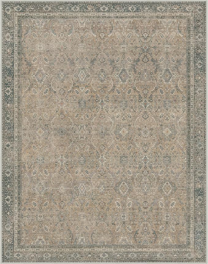 8X10 Area Rugs Machine Washable Rugs for Living Room, Vintage Boho Large Rugs for Bedroom Dining Room, Non Slip Indoor Soft Distressed Lightweight Thin Low Pile Carpet, Sandy Taupe