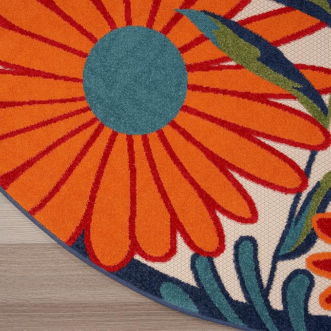 Nourison Aloha Outdoor Multicolor 5'3" x Round Area Rug, Easy Cleaning, Non Shedding, Bed Room, Living Room, Dining Room, Deck, Backyard, Patio (5 Round)