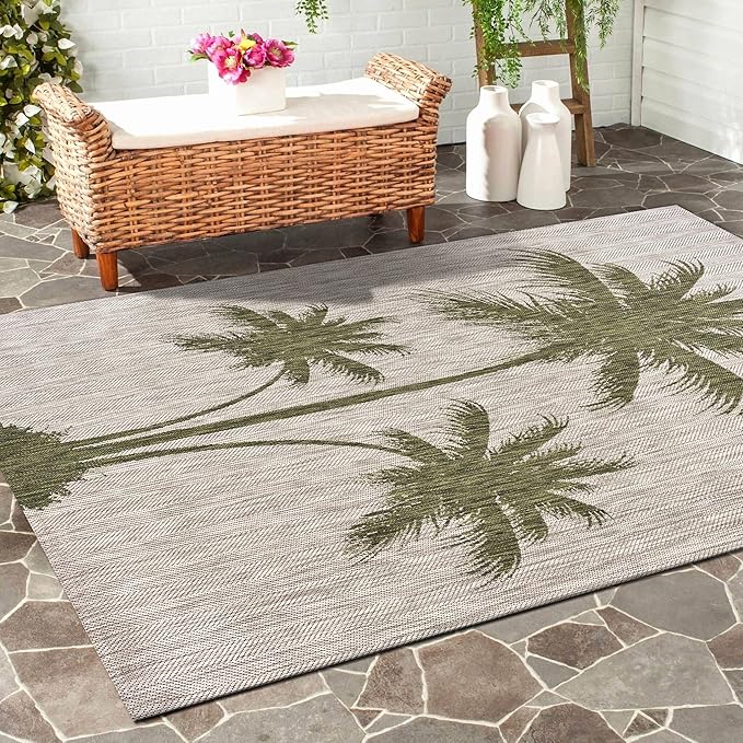 LR Home 8 x 10 Indoor / Outdoor Area Rug for Home Decor | Coastal Palm Tree large size carpet for living room, bedroom, playroom, patio, garden | Modern farmhouse rug | Beige / Dark Green