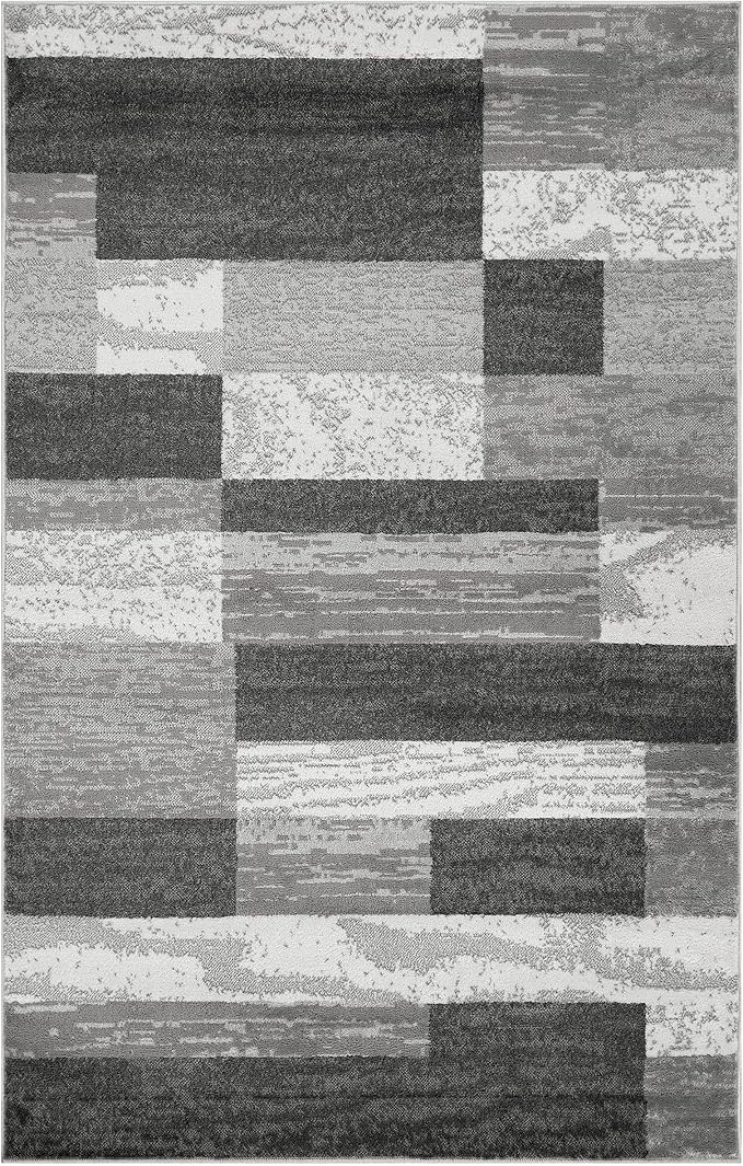 Superior Indoor Area Rug, Jute Backed, Modern Geometric Patchwork Floor Decor for Bedroom, Office, Living Room, Entryway, Hardwood Floors, Rockwood Collection, 7' x 9', Charcoal