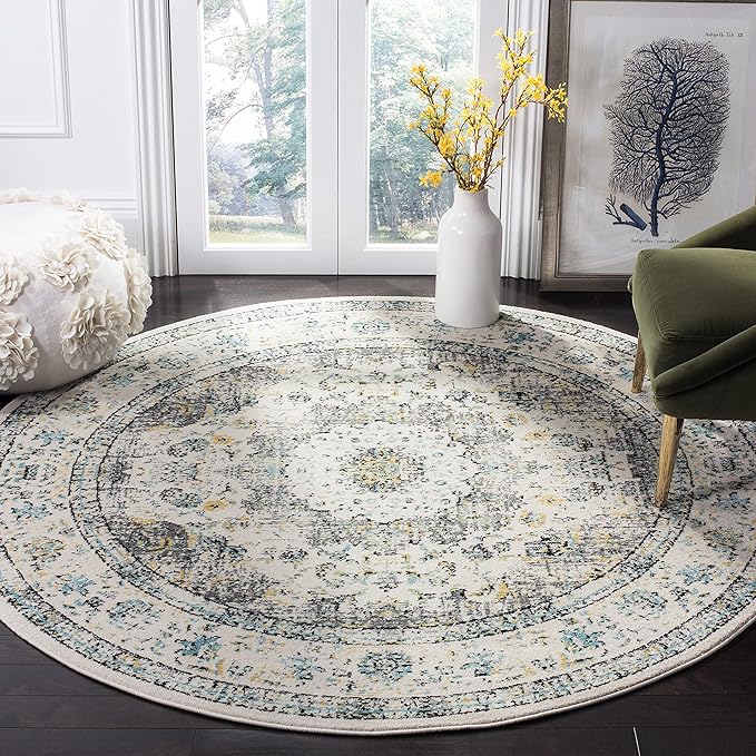 SAFAVIEH Evoke Collection Area Rug - 5'3" Round, Grey & Gold, Shabby Chic Oriental Medallion Design, Non-Shedding & Easy Care, Ideal for High Traffic Areas in Living Room, Bedroom (EVK220B)