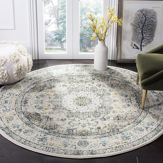 SAFAVIEH Evoke Collection Area Rug - 5'3" Round, Grey & Gold, Shabby Chic Oriental Medallion Design, Non-Shedding & Easy Care, Ideal for High Traffic Areas in Living Room, Bedroom (EVK220B)