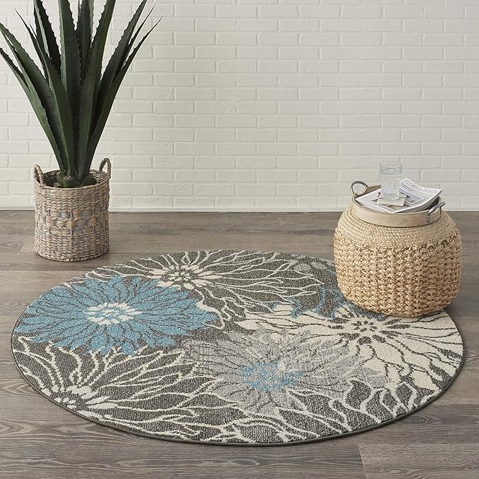 Nourison Passion Charcoal/Blue 4' x Round Area Rug, Floral, Farmhouse, Easy Cleaning, Non Shedding, Bed Room, Living Room, Dining Room, Kitchen, (4' Round)