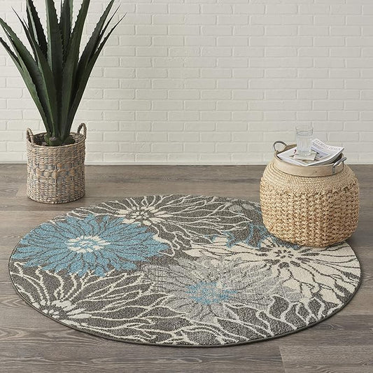 Nourison Passion Charcoal/Blue 4' x Round Area Rug, Floral, Farmhouse, Easy Cleaning, Non Shedding, Bed Room, Living Room, Dining Room, Kitchen, (4' Round)