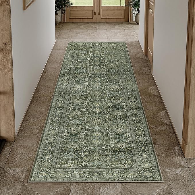 Green Runner Rug 3x8 Vintage Area Carpet Hallway Long Indoor Kitchen Washable Living Room Low Pile Traditional Distressed Retro Accent Throw Rug Non Slip Laundry Bathroom Office Dining Room