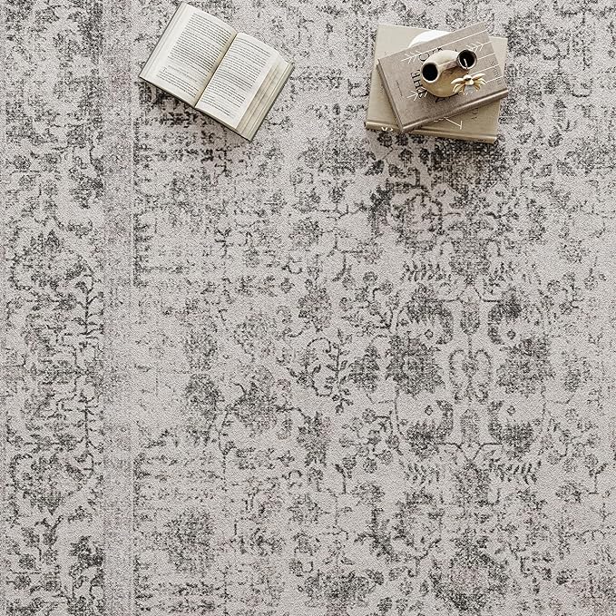 Black Area Rug 10x12 Machine Washable Large Vintage Living Room Distressed Non Slip Carpet Traditional Indoor Bedroom Grey Retro Floral Accent Throw Rug for Office Kitchen Dining Room