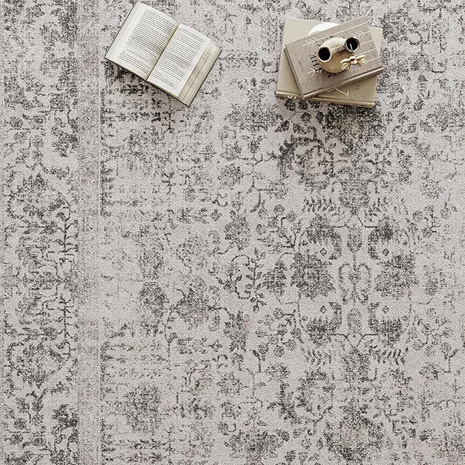 Black Area Rug 6x9 Machine Washable Vintage Living Room Distressed Non Slip Carpet Traditional Indoor Bedroom Retro Floral Accent Throw Large Rug for Office Kitchen Dining Room