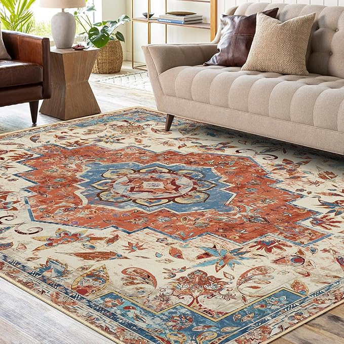 Washable Vintage Area Rug 9x12 Non-Slip Boho Distressed Floor Carpet Rugs Traditional Mat for Kitchen Bedroom Living Room, Orange